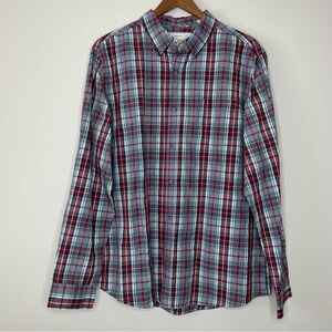 Weatherproof 100% Cotton Gray and Red Plaid Button Down Shirt